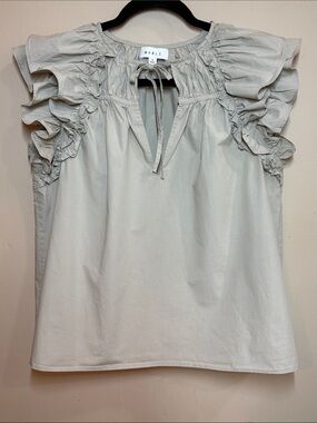 MABLE Ruffle Sleeve Tie-Neck Blouse in Tan Cotton, M